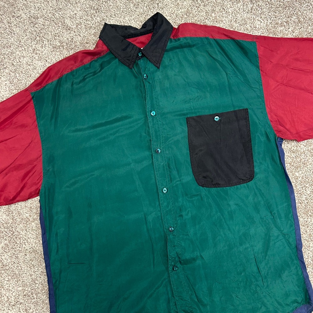 Colorblock 100% Silk Shirt Vintage Protest Men Medium Green Red Blue 90s Hip Hop